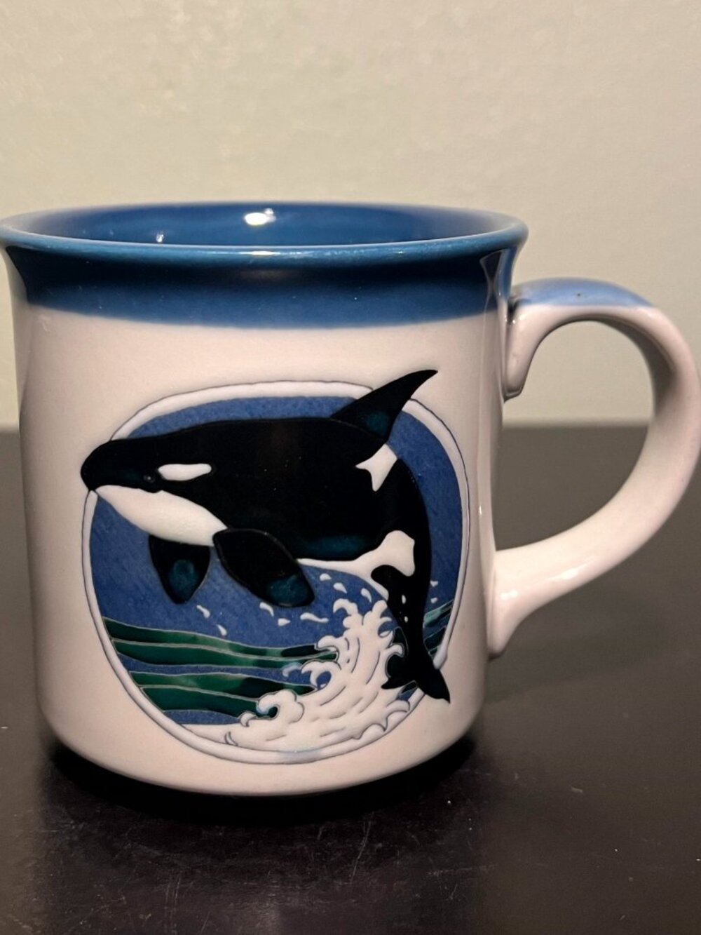 Vintage OTAGIRI Embossed Blue Orca Whale in Textured Ocean Waves Stoneware Mug